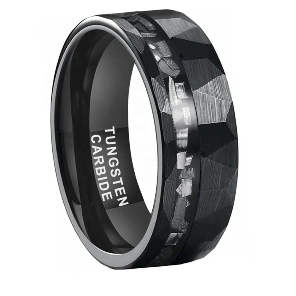 Black hammered tungstun meteorite chip men's ring